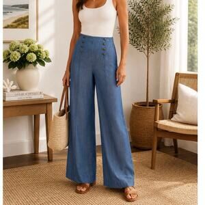 Abercrombie & Fitch 10 Lyocell Chambray Wide Leg Sailor Button High Rise Pants